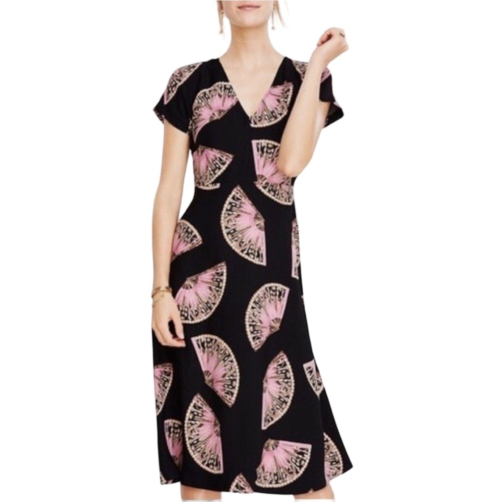 Ann Taylor "Dancing Fan" V-Neck Midi Dress in Black with Pink/White Fan Print